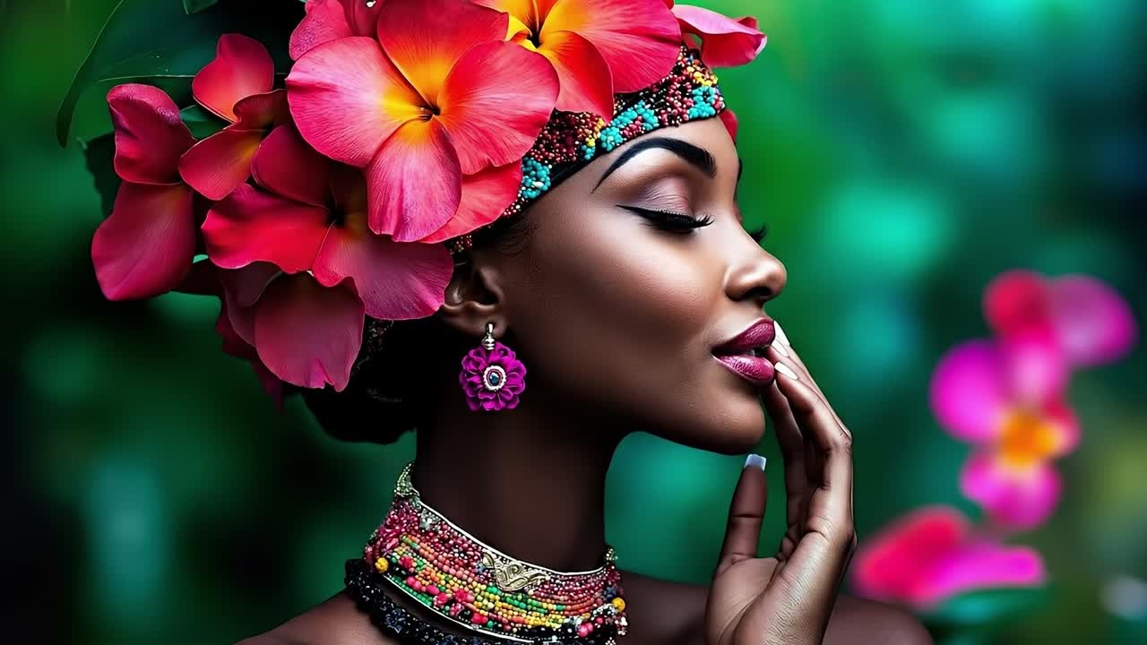 una mujer con una corona de flores en la cabeza y un collar