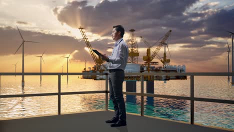 full body side view of asian male professional worker standing with his tablet with offshore hydrogen production, high-tech industrial facility, he observes by looking around before he come to concentrating with his tablet