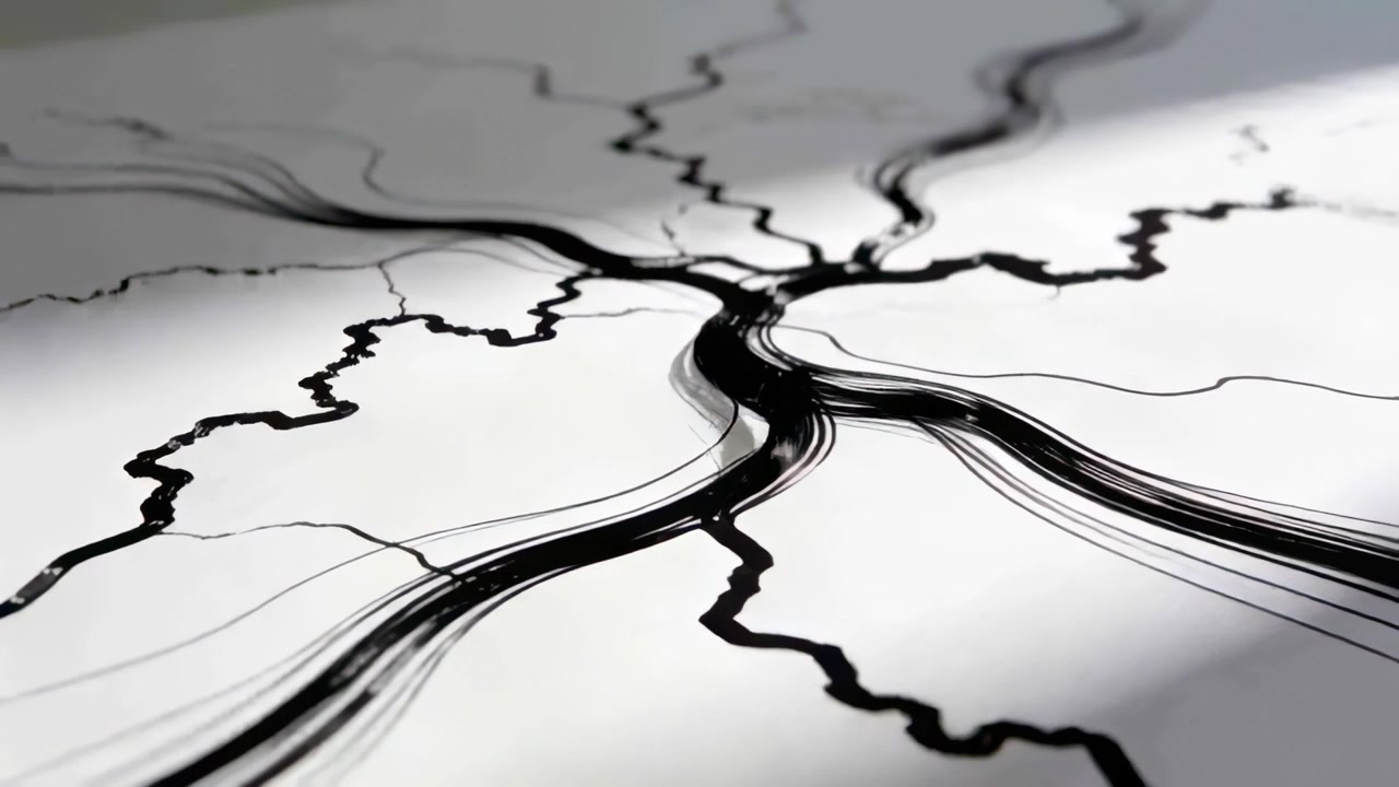 Zooming camera highlighting black ink filaments converging on white sheet on desk, diagonal shadow