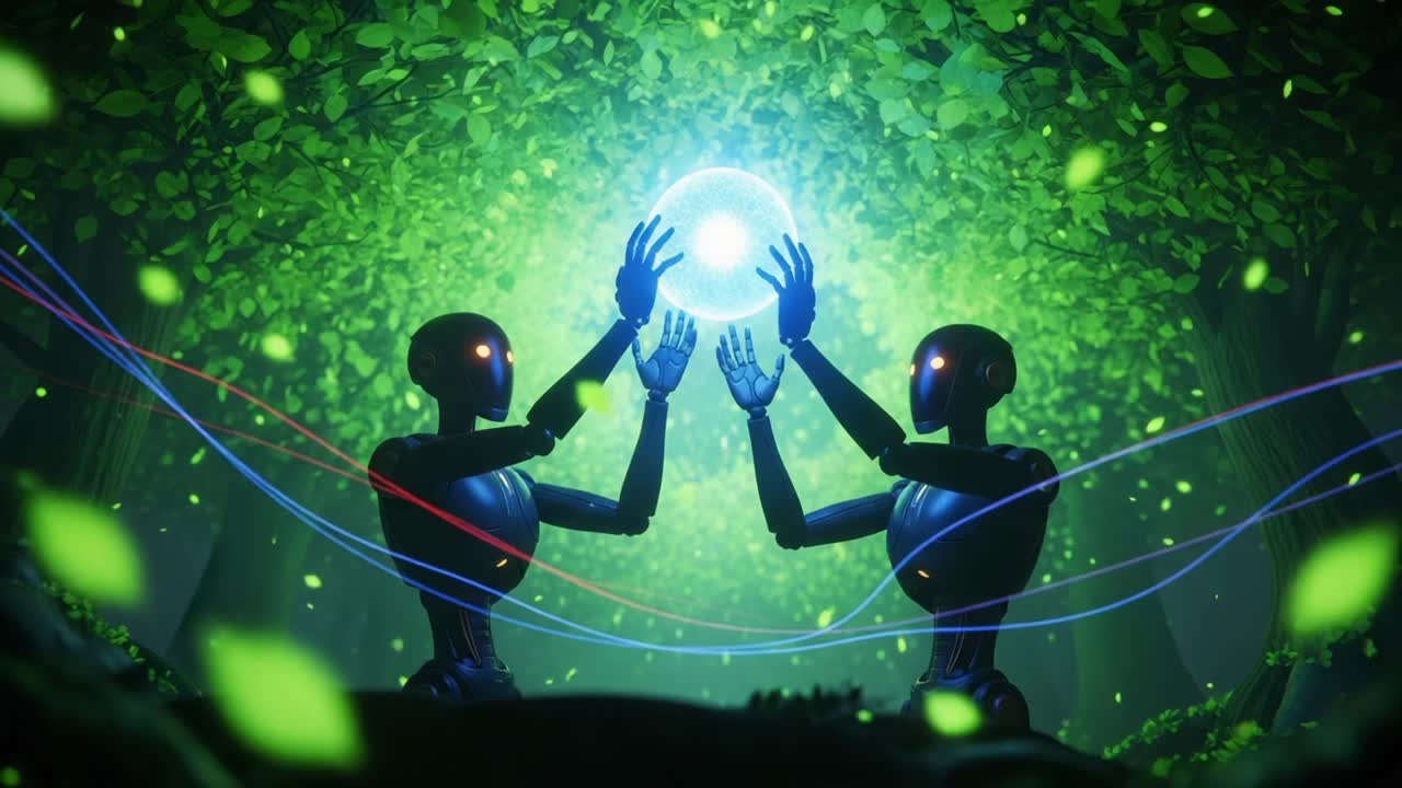Two futuristic robots in a vibrant green forest holding a glowing orb that symbolizes knowledge and connection, surrounded by swirling light and leaves
