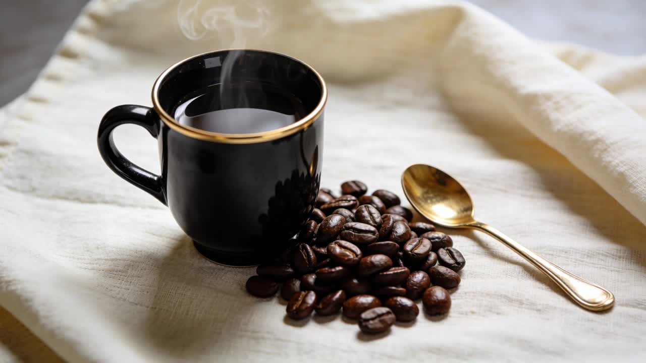 Sort kop med guldkant afgiver damp fra varm kaffe på linned med bønner og ske
