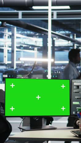 vertical video server farm engineer using node tree systems on green screen pc