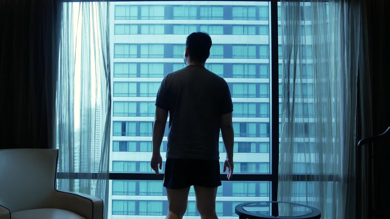 un hombre tiene una cortina abierta con vistas a la ciudad de rascacielos para respirar aire fresco