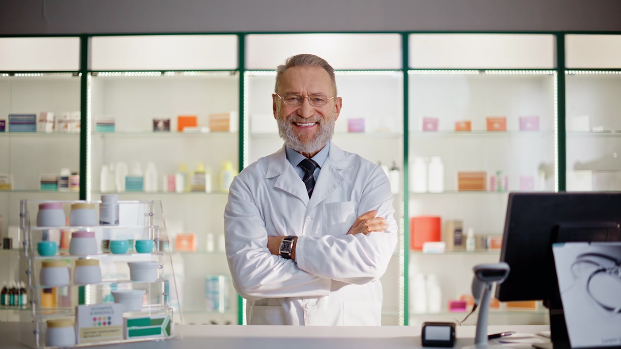Primer plano de un farmacéutico mayor posando en su puesto de cajero. Hombre de edad avanzada mirando a la cámara.