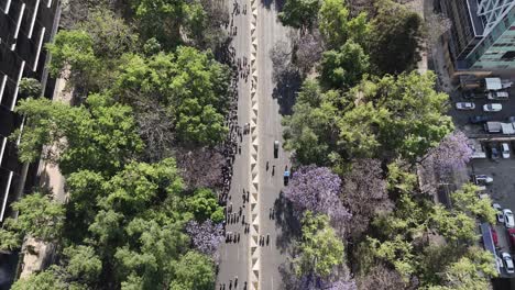 March-for-International-Women's-Day-Passes-through-Avenida-Reforma-in-Mexico-City,-Seen-from-drones