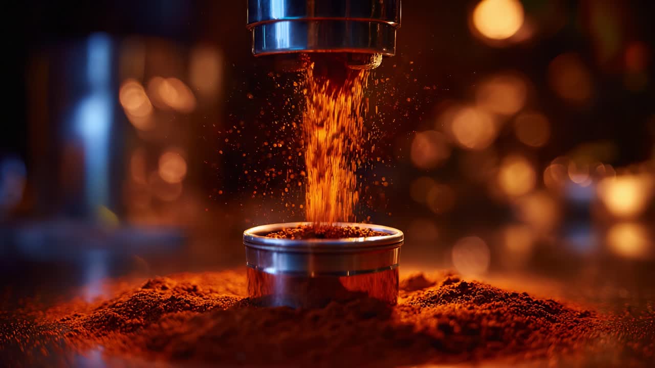 Gros plan captivant de grains de café riches tombant dans une boîte en métal, illustrant le processus de préparation de café frais dans un cadre chaleureux et accueillant