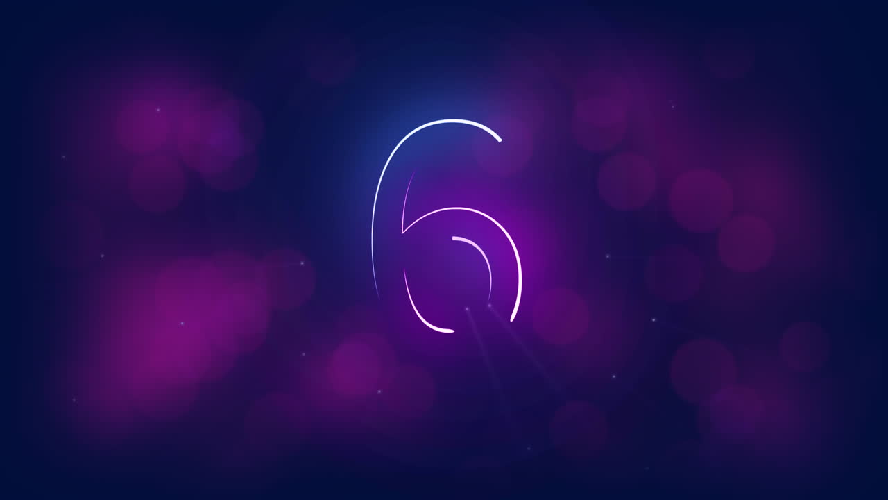 Animation of glowing blue and pink numbers counting down to new year from 10 to 1 on dark background