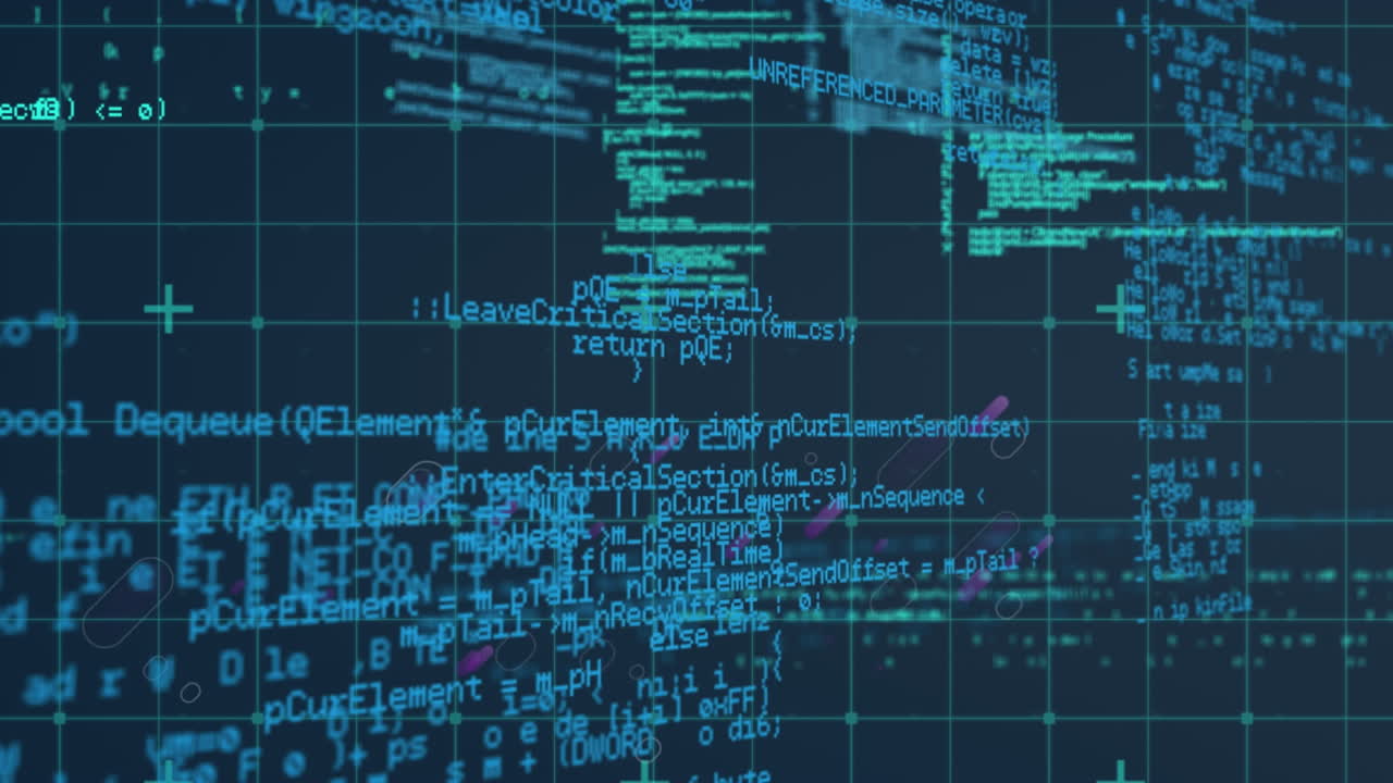 Animation of data processing and purple light trails over gird