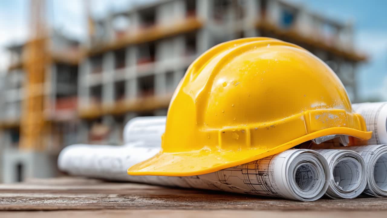 A Close-Up on a Yellow Hard Hat Resting on Blueprints at a Construction Site, Emphasizing Safety and Planning for Future Development