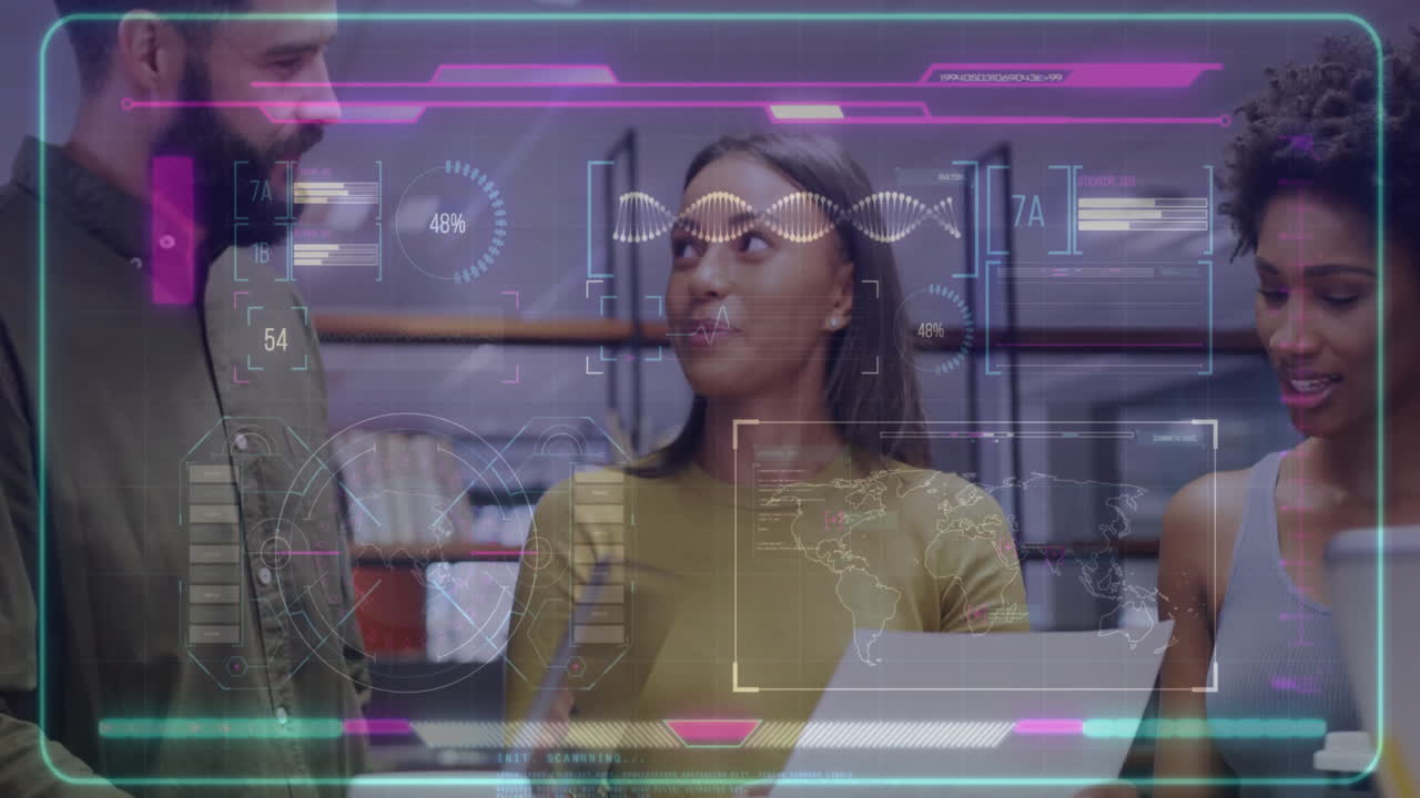 Professionals collaborating around desk in office, viewing holographic data charts and DNA helix