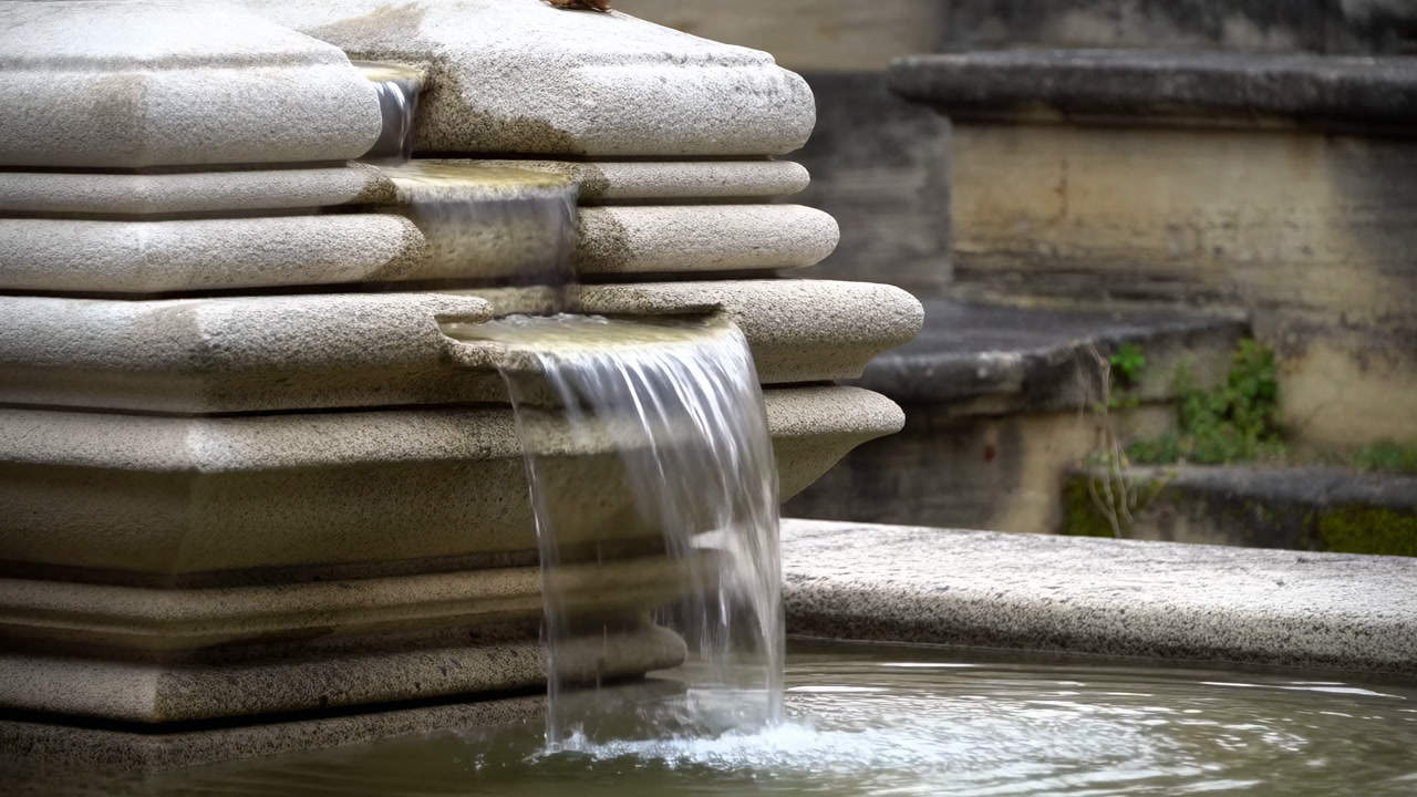 Stone Fountain Cascading Water Over Tiers, Closeup Limestone Spout Pouring Into Aged Basin, Gentle Splash