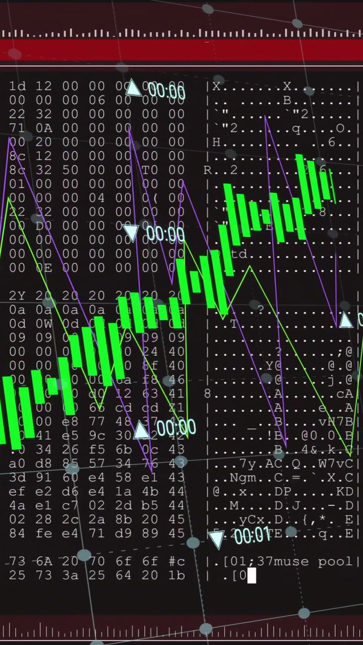 Animation of financial data processing over screens on black background