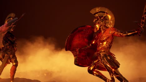 gold statues of ancient greek warriors in fight positions, worn off by time, placed upon big rocks, with fog and smoke at the background, 3d animation camera zoom out slowly