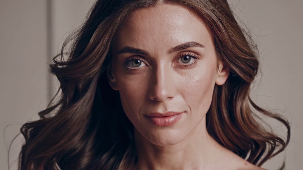 Close-up portrait of a woman with wavy hair, shot at eye level. The style is natural and serene