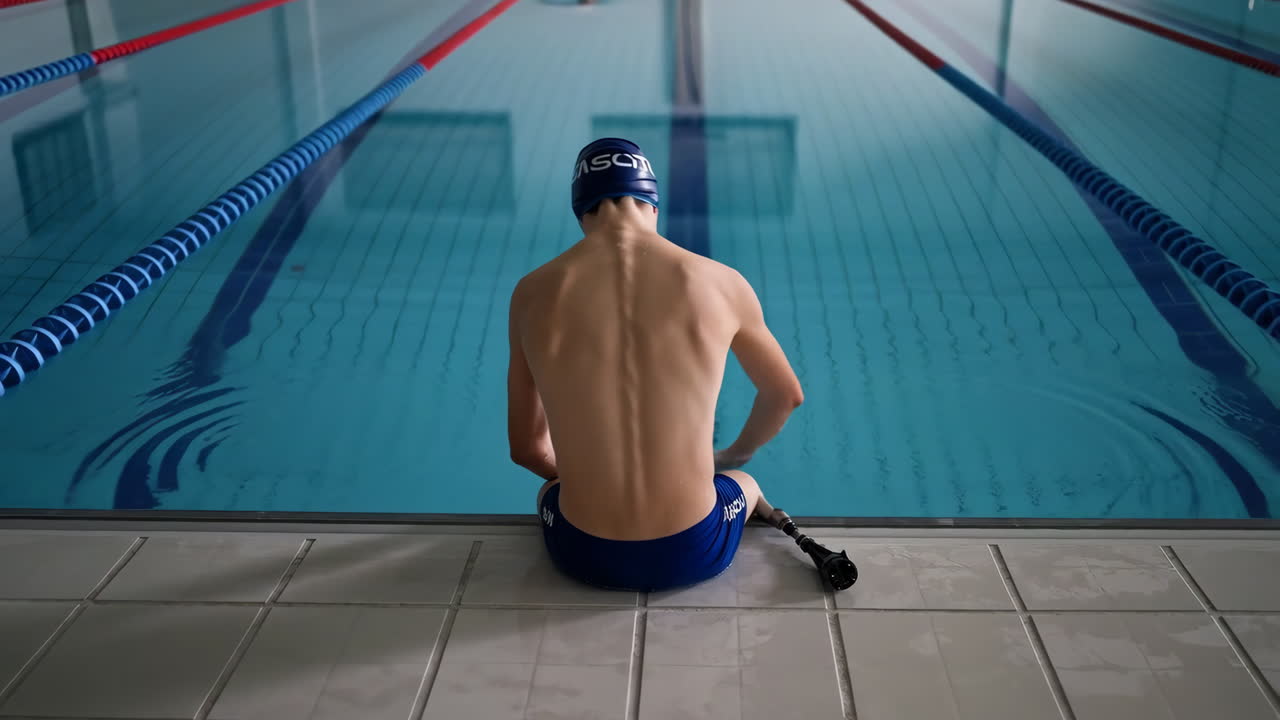 Paralympic Swimmer with Prosthetic Leg at Poolside