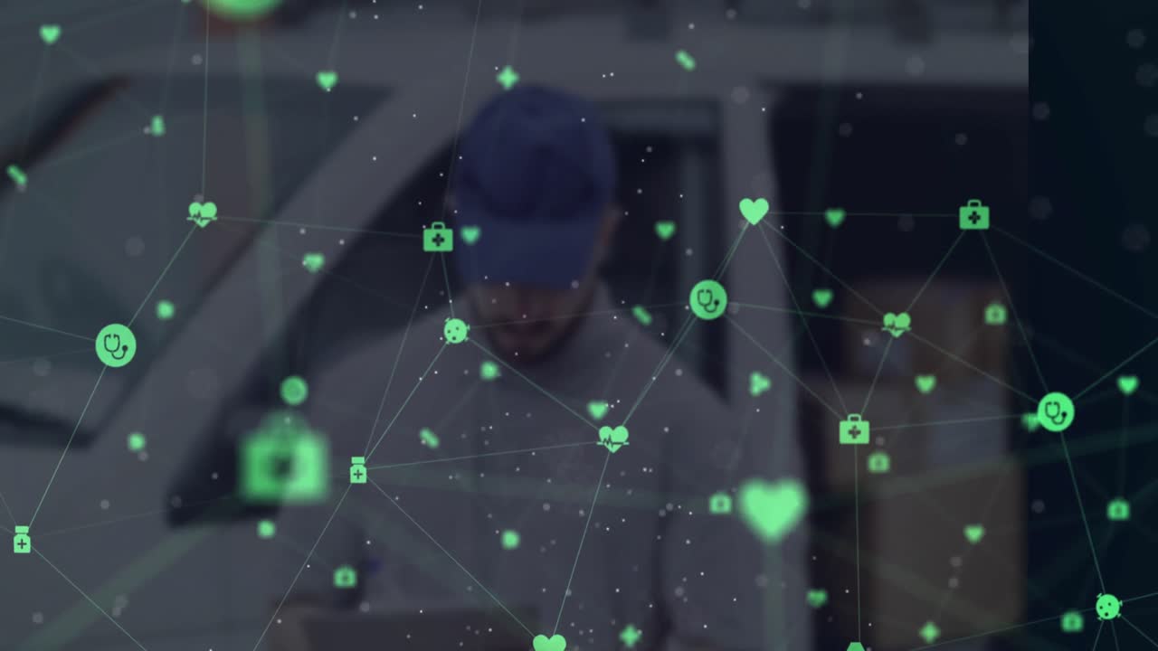 백인 남성 배달자에 대한 연결 네트워크의 애니메이션