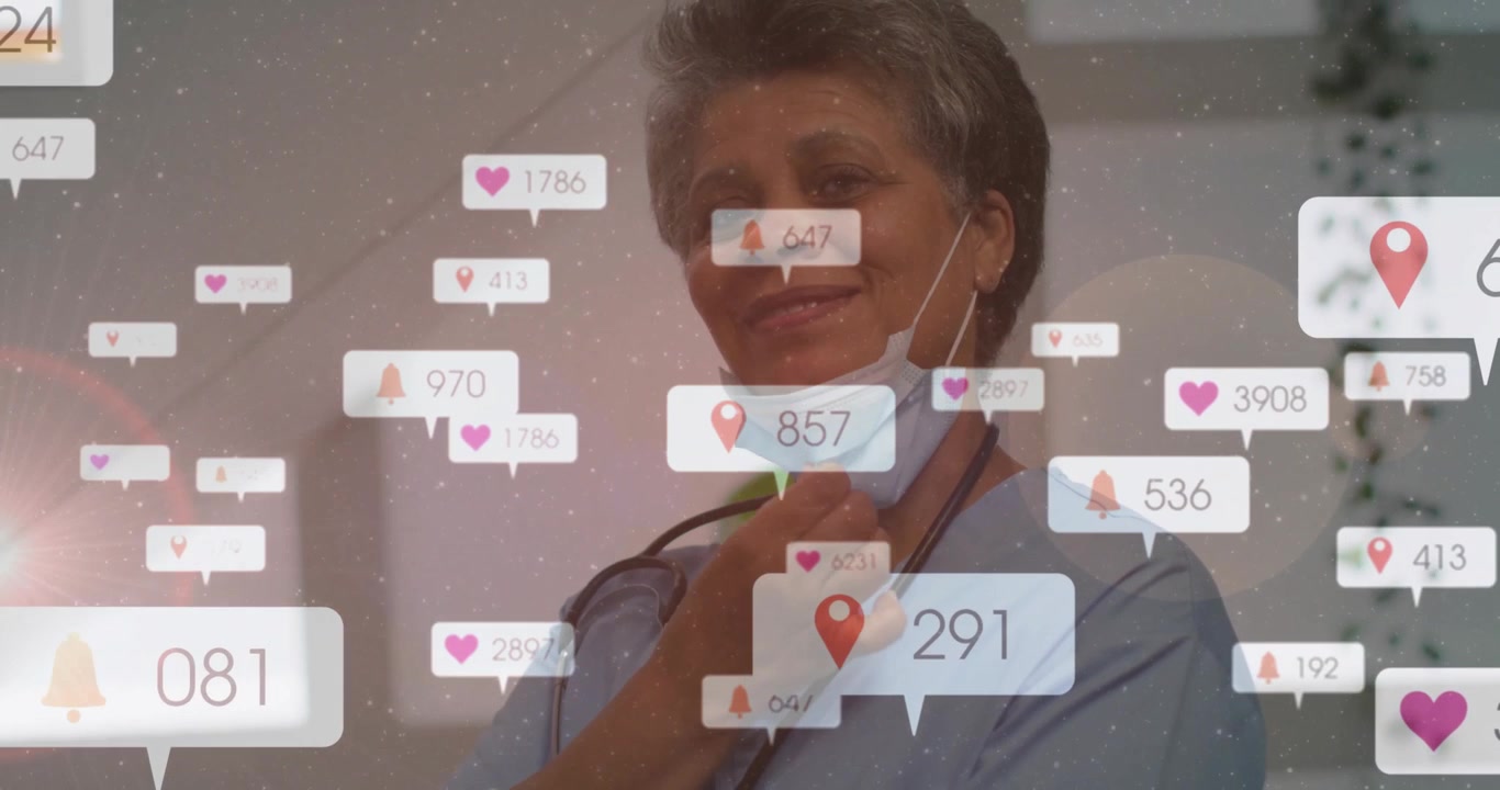 Healthcare professional tracking rising notification icons and adjusting mask revealing warm smile