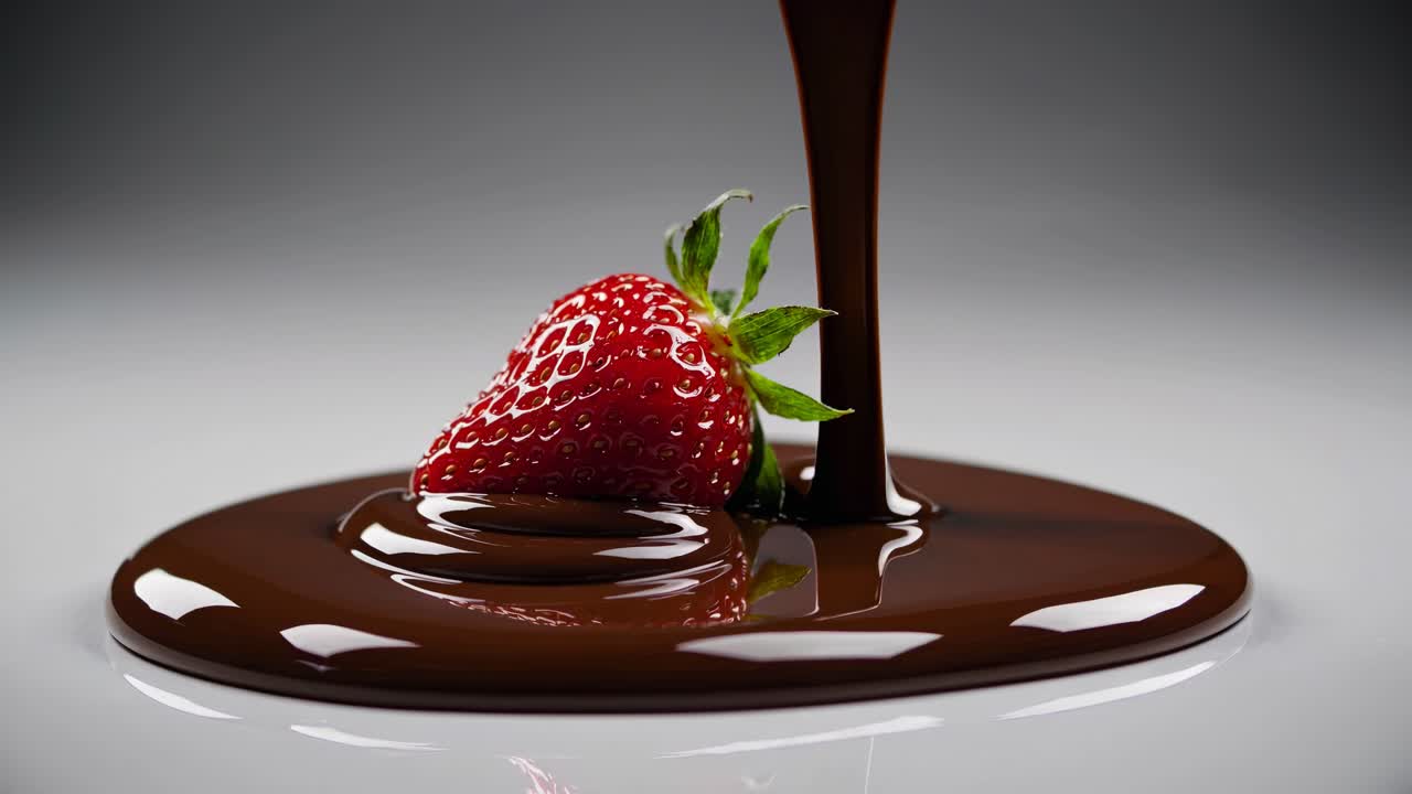 A video showcasing a fresh strawberry being drizzled with rich chocolate, highlighting indulgence
