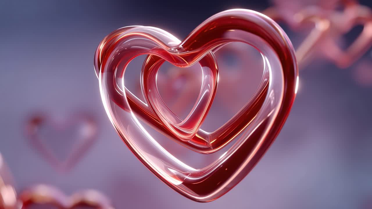 Due cuori intrecciati brillano delicatamente in vetro rosa. Le loro curve riflettono la luce, creando un'atmosfera calda e romantica. Lo sfondo si sfuma in tenui viola e grigi. La scena trasmette una sensazione di delicatezza e intimità.