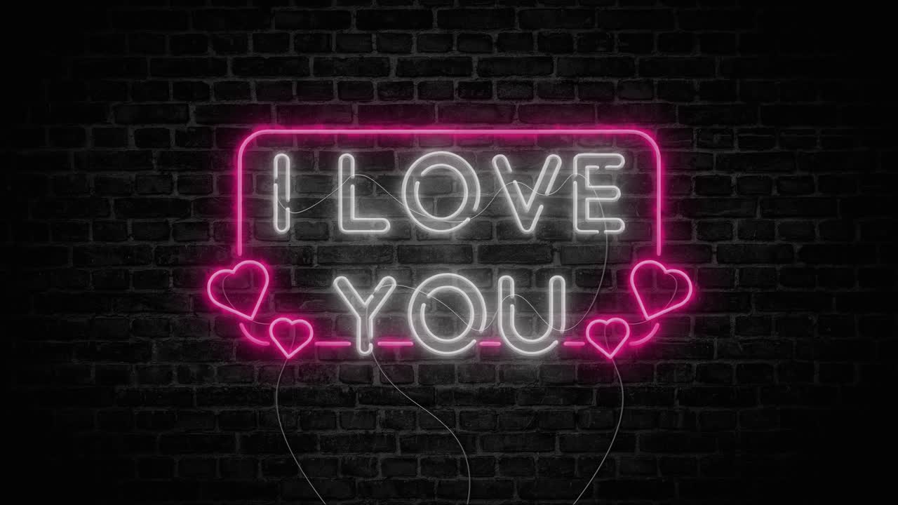 I love you text, neon sign with frame on brick wall background