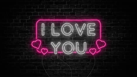 i love you text, neon sign with frame on brick wall background