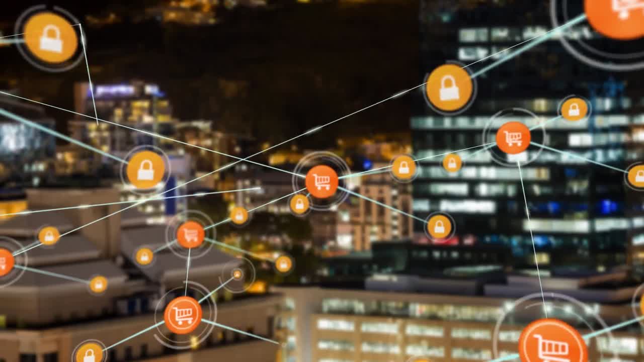 야간 도시 풍경에 대한 연결 네트워크의 애니메이션