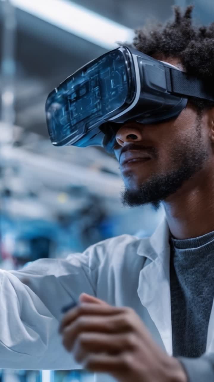 Udforskning af virtuelle virkeligheder: En fokuseret person engageret i avanceret VR-teknologi i et moderne laboratoriemiljø.