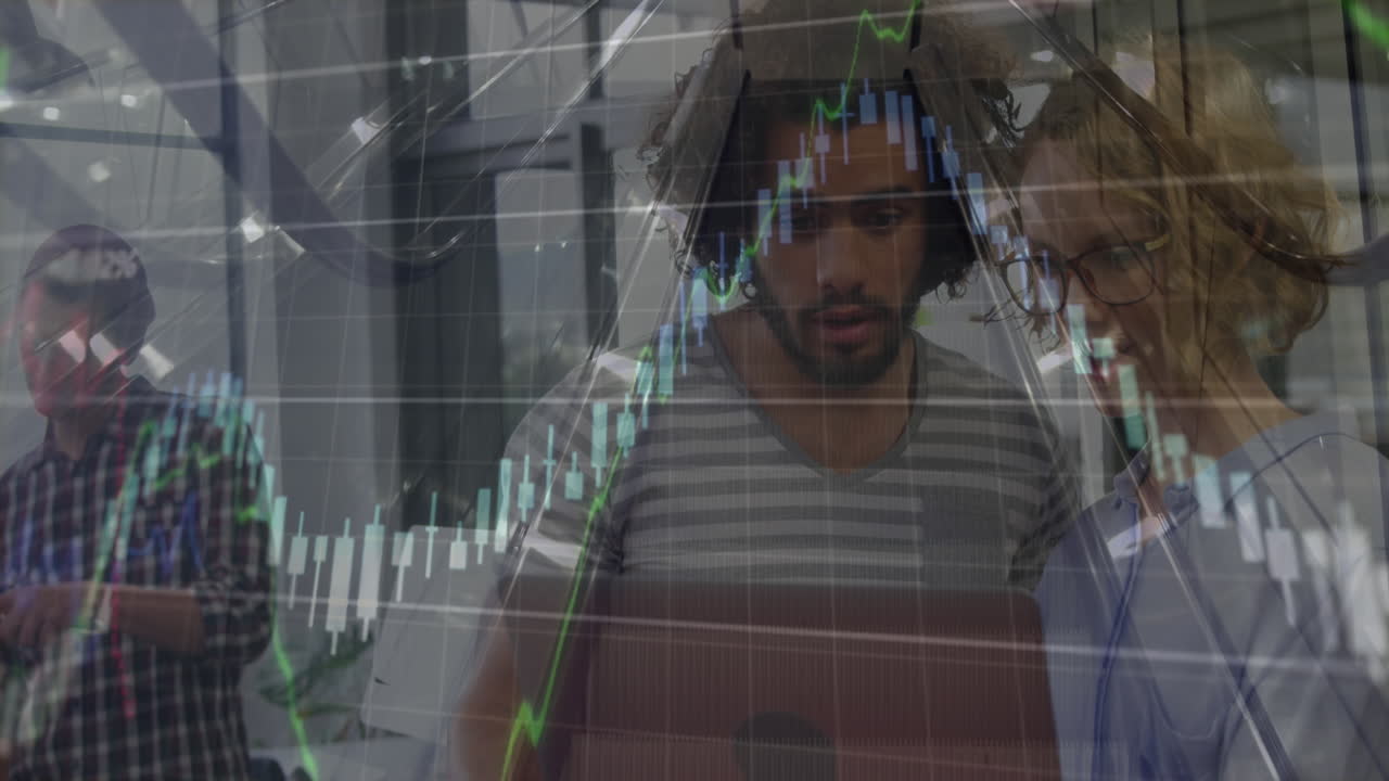 Animation of multiple graphs and escalator over diverse colleagues planning over laptop in office