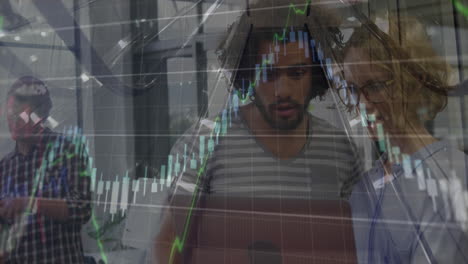 animation of multiple graphs and escalator over diverse colleagues planning over laptop in office