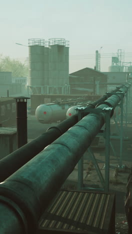 industrial site with pipelines and storage tanks in fog