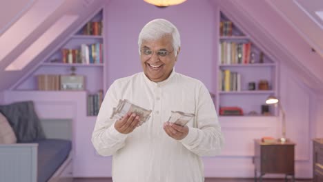 cheerful indian old man counting money