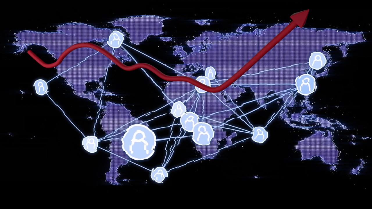 Global network connections and data flow animation over world map with red arrow