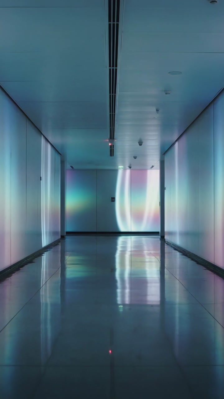 Vertical video: Appearing rainbow arc moving across hall wall, forming streak on shiny floor as art