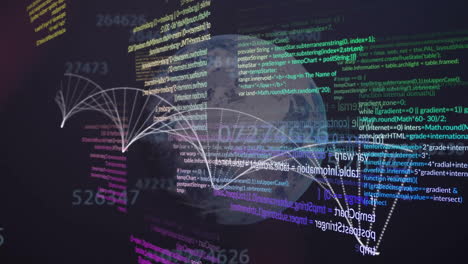 animation of dna strand, globe and data processing over dark background