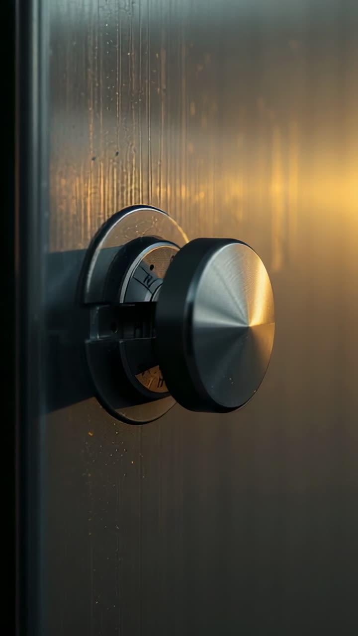 Round metal knob rotating slightly with warm light shifting, revealing texture for interior design