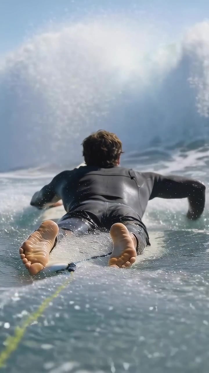 Video verticale: Un surfista che pagaia velocemente con l'onda che si forma per prendere un'onda che si rompe in mare, indossando una muta.