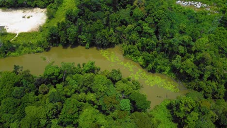 sorprendentes imágenes cinematográficas de drones residenciales de 4k después de que el problema de la deforestación consiste en muchas casas, carreteras, árboles, lagos e infraestructura en medio del bosque tropical ubicado en riau, indonesia