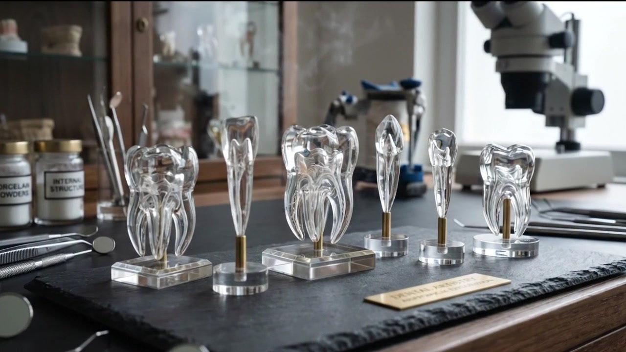 Glastandmodeller udstillet i et tandteknisk laboratorium