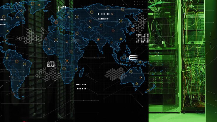 Animation of world map and digital data processing over computer servers
