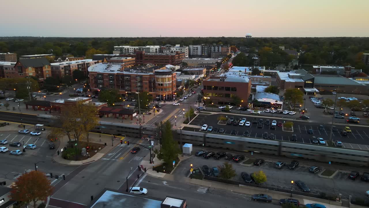 Aerial View of a Suburban Town at Dusk