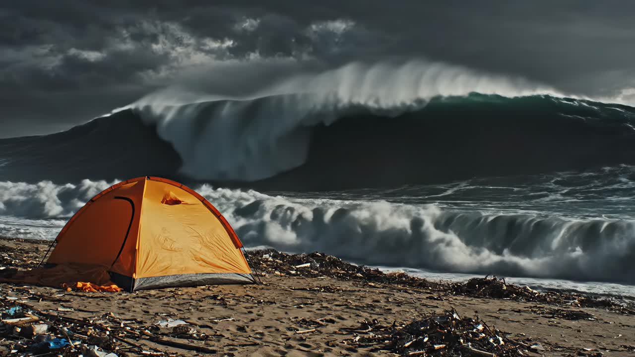 Tent on beach faces massive wave