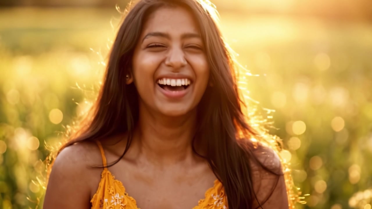 Una giovane donna gioiosa in un campo al tramonto dorato, che irradia felicità e calore mentre abbraccia la natura in un bellissimo ritratto