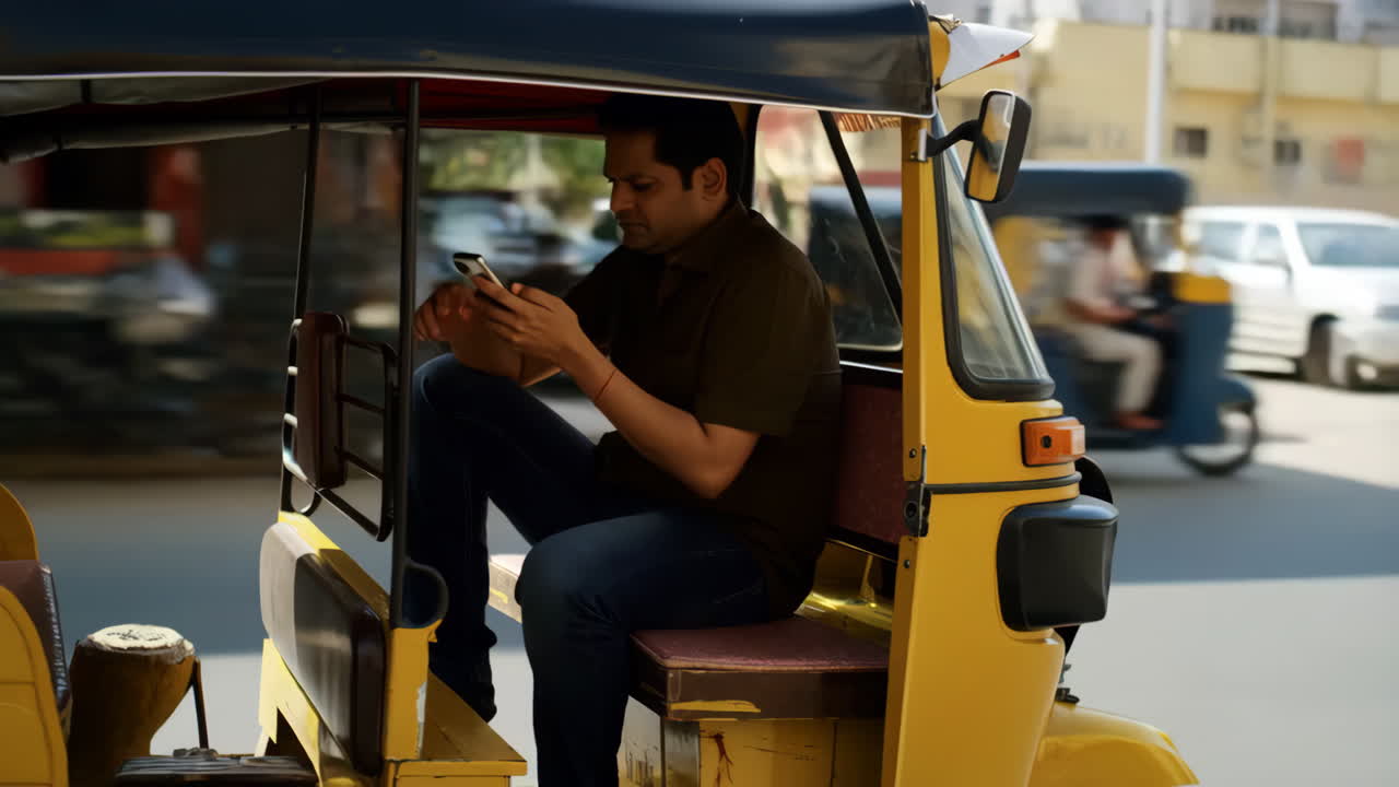 Man using phone in auto-rickshaw on street