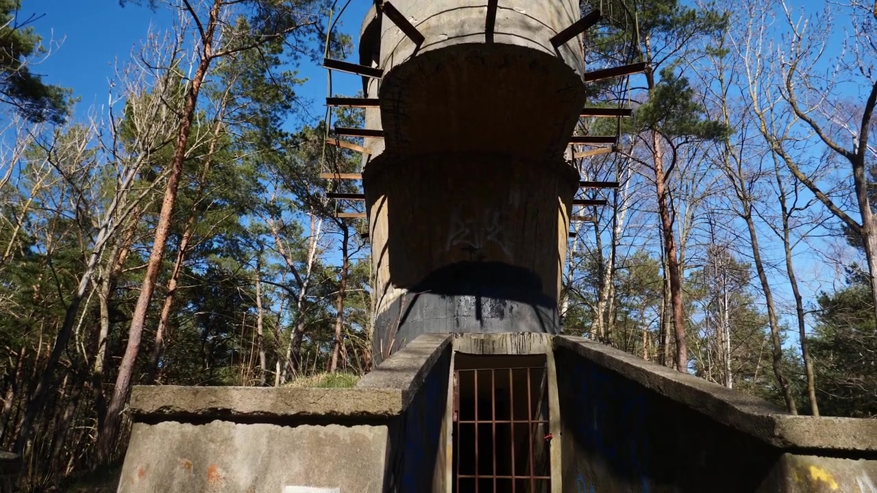 Alaspäin kallistuva otos paljastaa historiallisen betonisen sotilaallisen vartiotornin, joka kohoaa rehevien mäntymetsien yläpuolelle Helin rannikkomaisemapuistossa Puolan Itämeren rannikolla.
