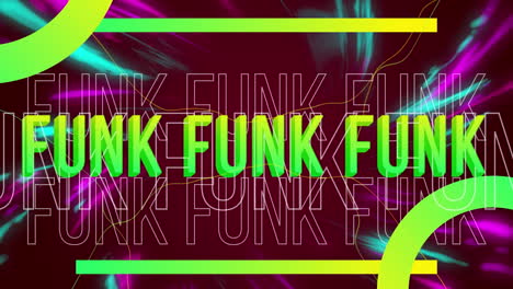 animación de texto funk sobre luces coloridas y formas geométricas