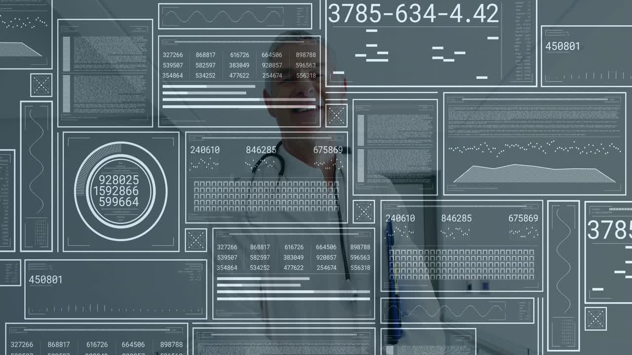 Senior male doctor walking clinic hall, camera panning blue clipboard and HUD aiding data review