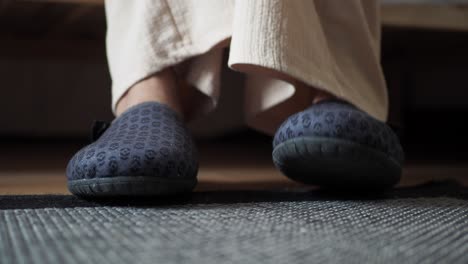 close-up of person's feet in slippers on a rug