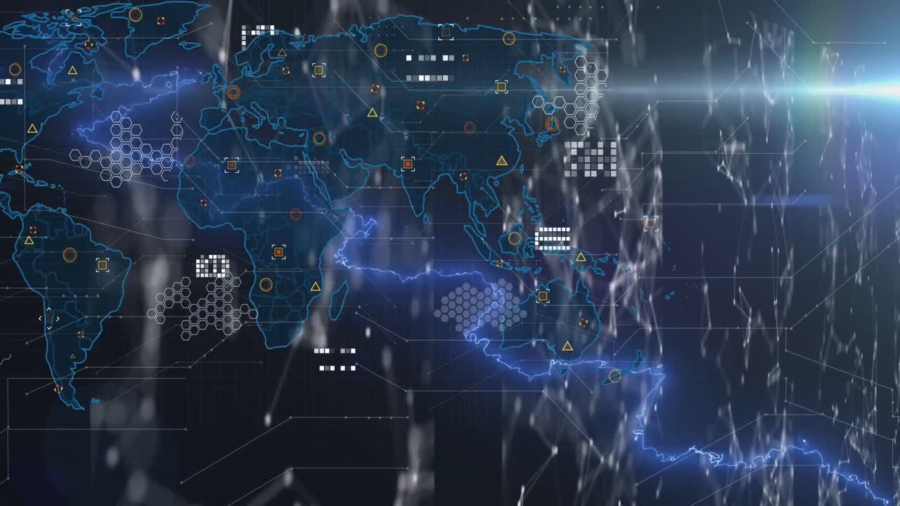 검은색 배경에 아이콘, 데이터 및 세계 지도의 애니메이션