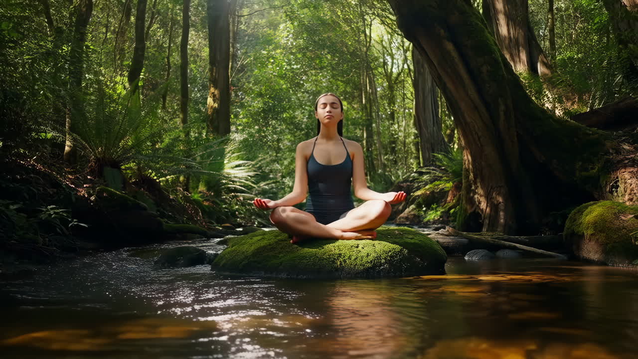Woman Meditating Peacefully in a Forest Stream