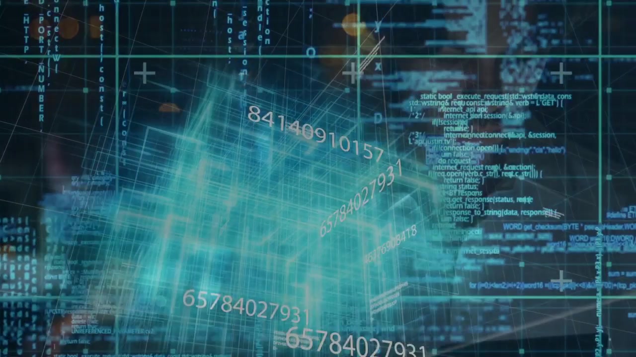 Data input driving rotating turquoise cube on clear code panel, analyst reflection observing data